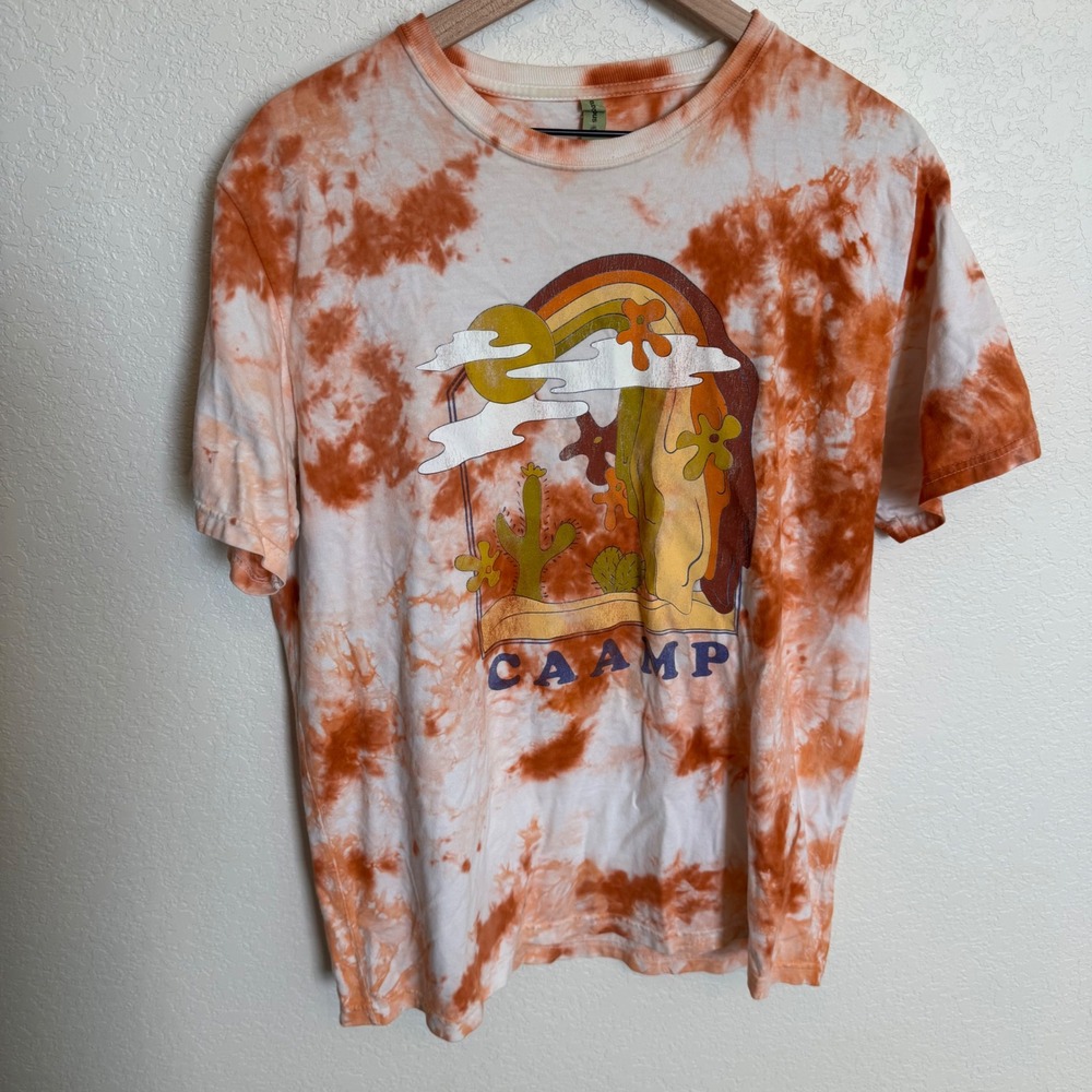 Indie Boho Folk Rock Caamp Tie Dye Graphic Tee Size Large Orange White